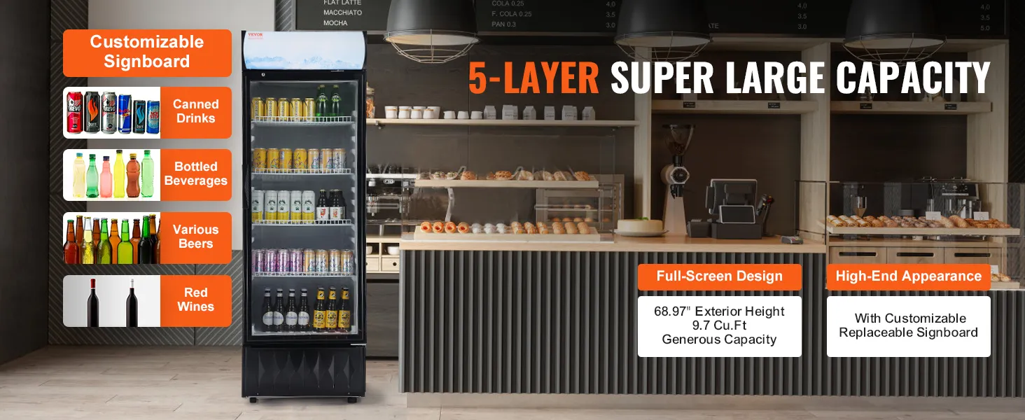 VEVOR commerciële merchandiserkoelkast met 5-laags schappen voor drankjes en aanpasbaar uithangbord.