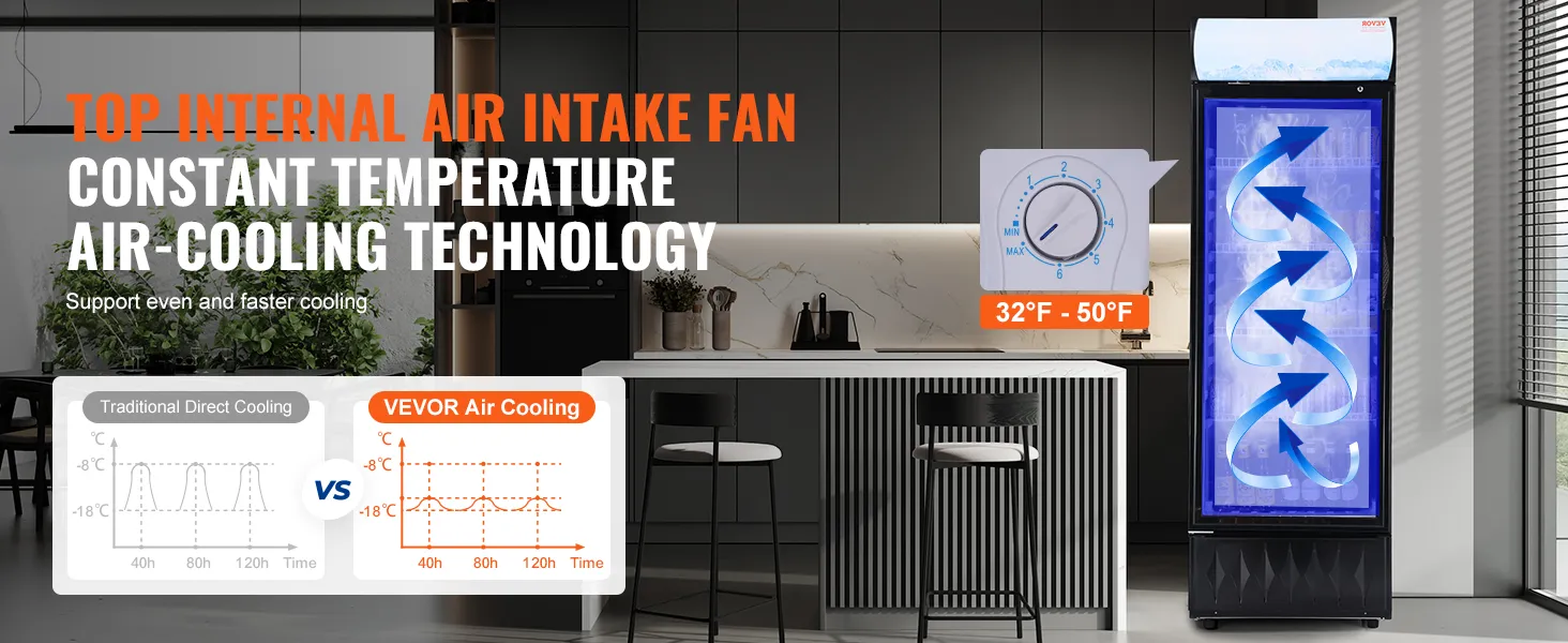 VEVOR commerciële koelkast met constante temperatuur luchtkoelingstechnologie voor gebruik in keukens.