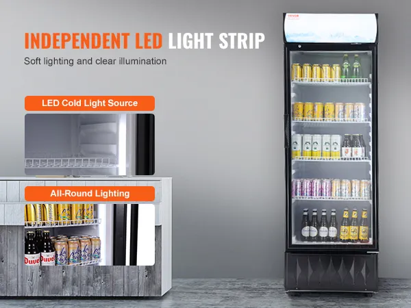 VEVOR commerciële koelkast met onafhankelijke led-lichtstrip en rondomverlichting.