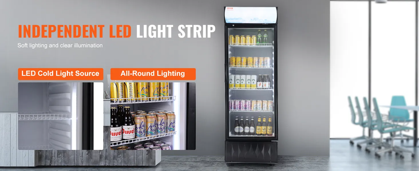 VEVOR commerciële koelkast met onafhankelijke led-lichtstrip en rondomverlichting.