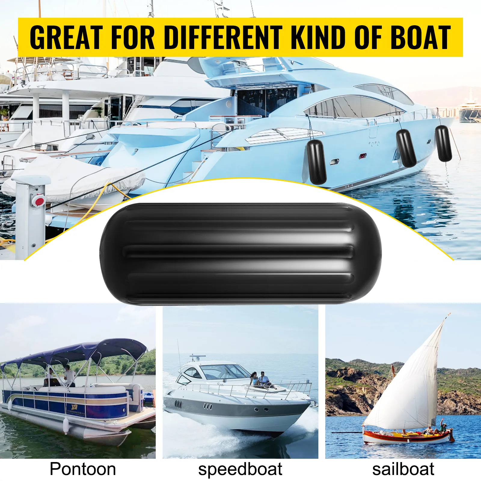 VEVOR boat fenders protecting yacht, pontoon, speedboat, and sailboat.