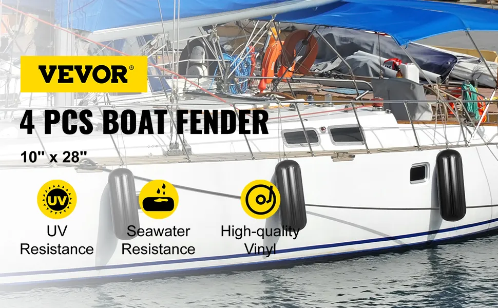 VEVOR boat fenders on a white sailboat with uv and seawater resistance features.