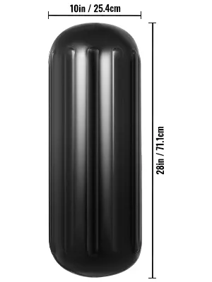 black VEVOR boat fender, 28in height, 10in diameter with vertical ribs.