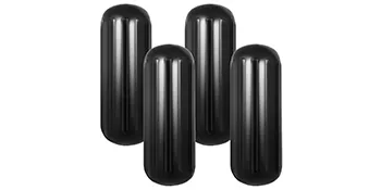 four black VEVOR boat fenders in a vertical arrangement.