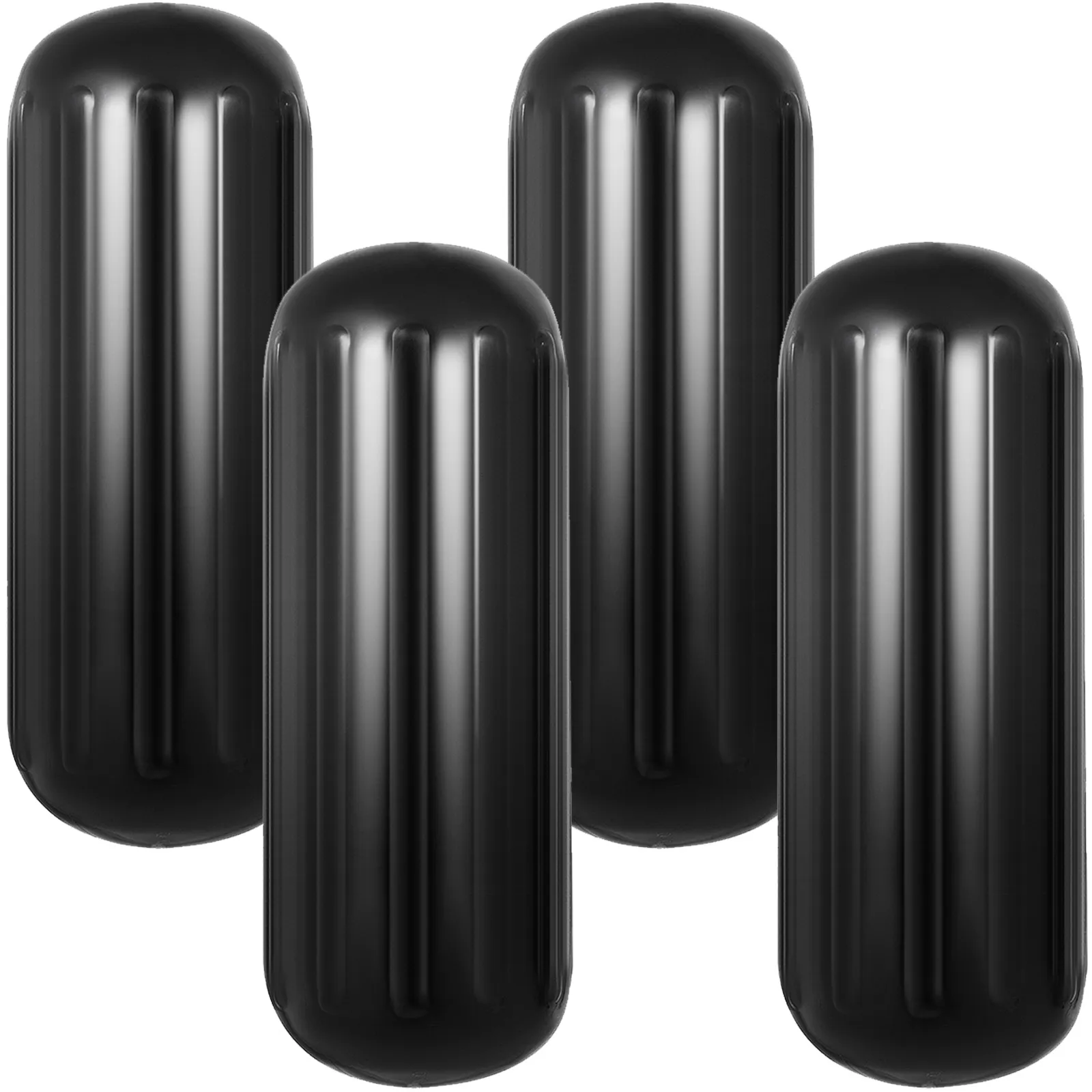 four black VEVOR boat fenders with ribbed designs.