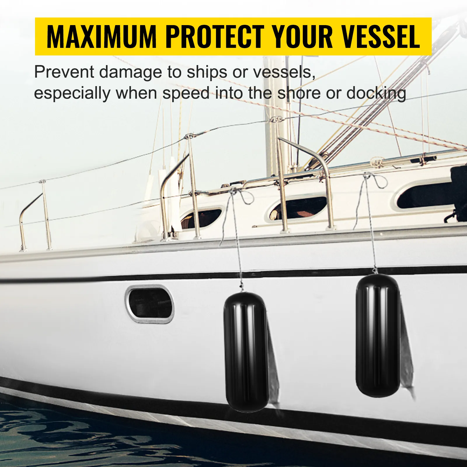 VEVOR boat fenders protecting a white vessel from damage while docking.