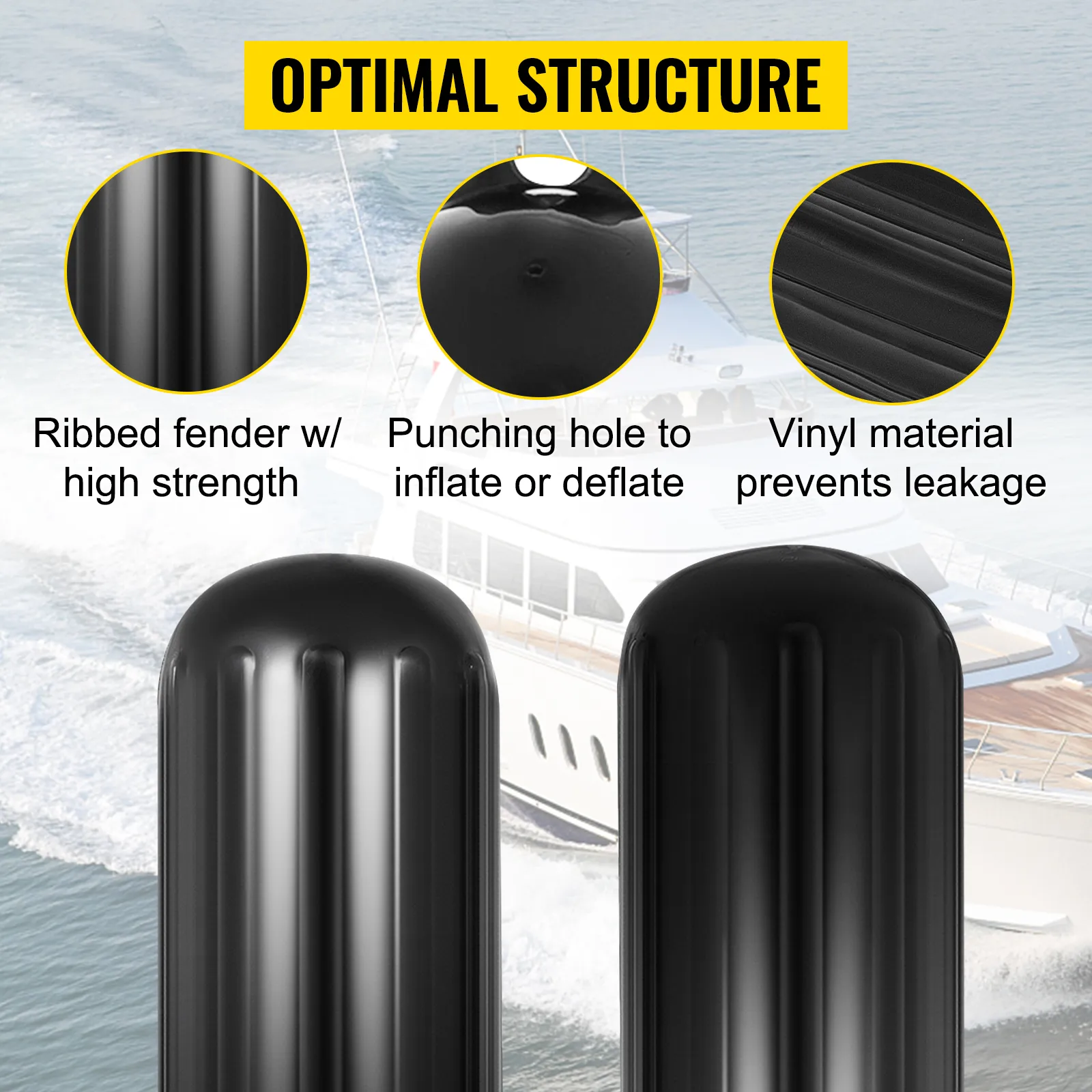 VEVOR boat fenders with ribbed design, punching hole, and leak-proof vinyl material.