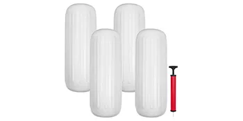 four white VEVOR boat fenders with a red manual air pump.