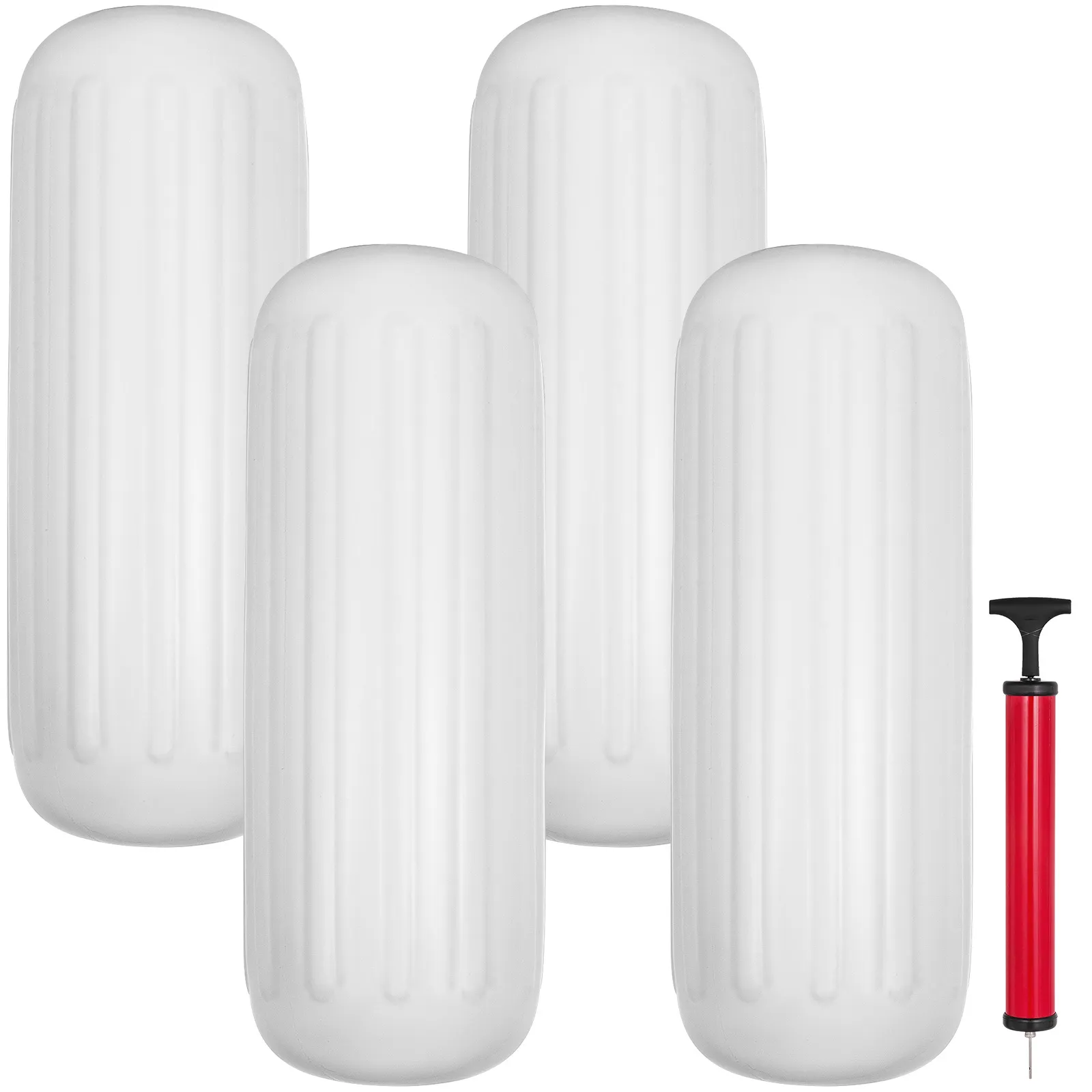 four white VEVOR boat fenders with a red hand pump.