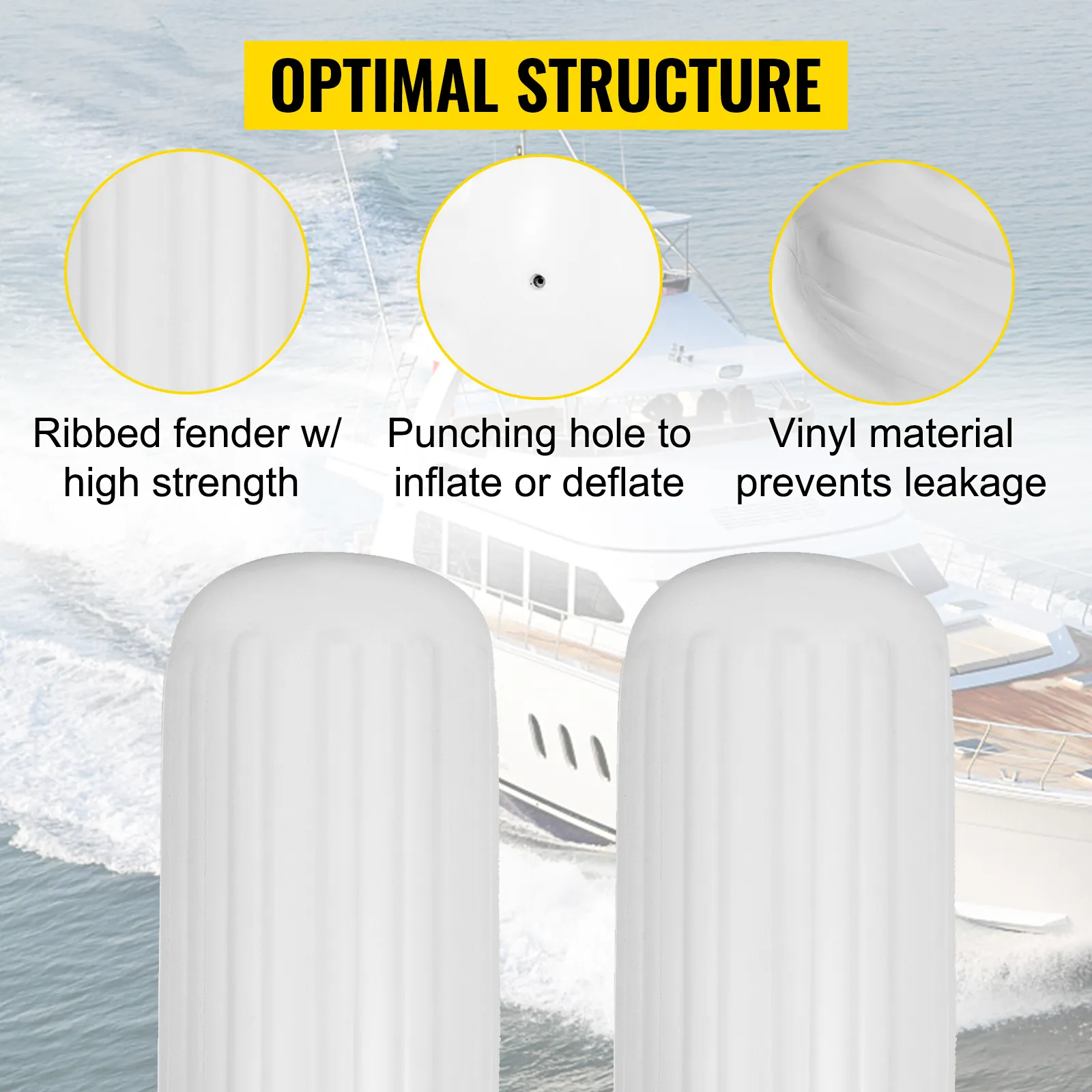 VEVOR boat fenders with ribbed design, punching hole, and vinyl material.