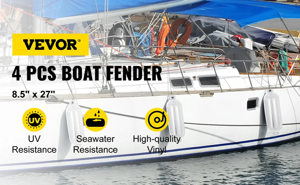 VEVOR boat fenders with uv and seawater resistance, high-quality vinyl, and 4 pcs set.