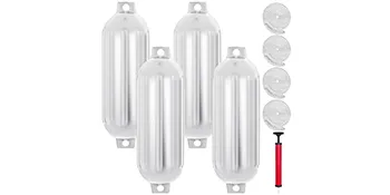 four white VEVOR boat fenders with rope set and a hand pump included.