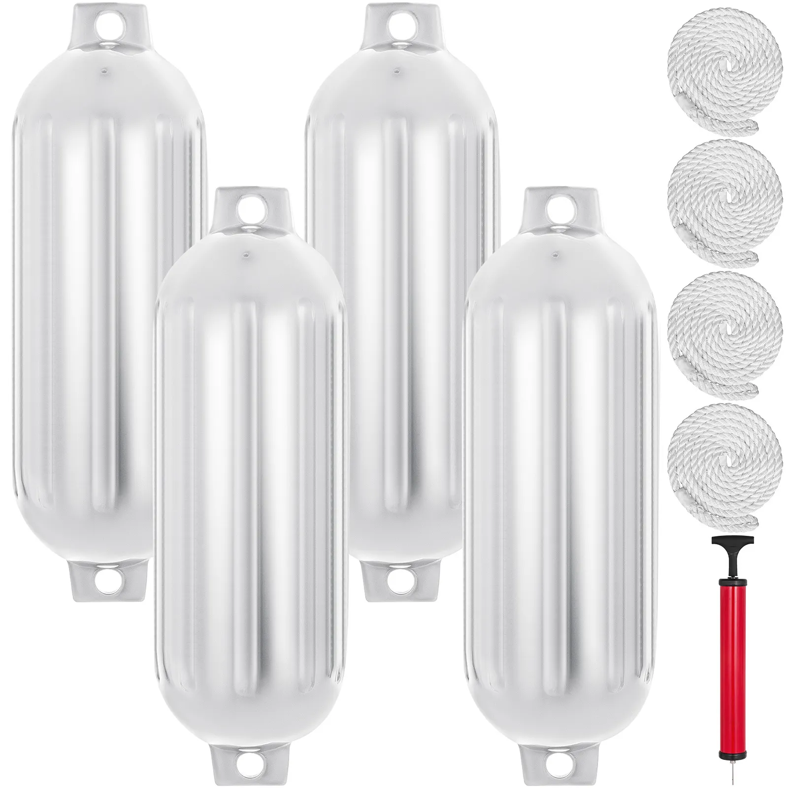 four white VEVOR boat fenders with rope and red air pump.