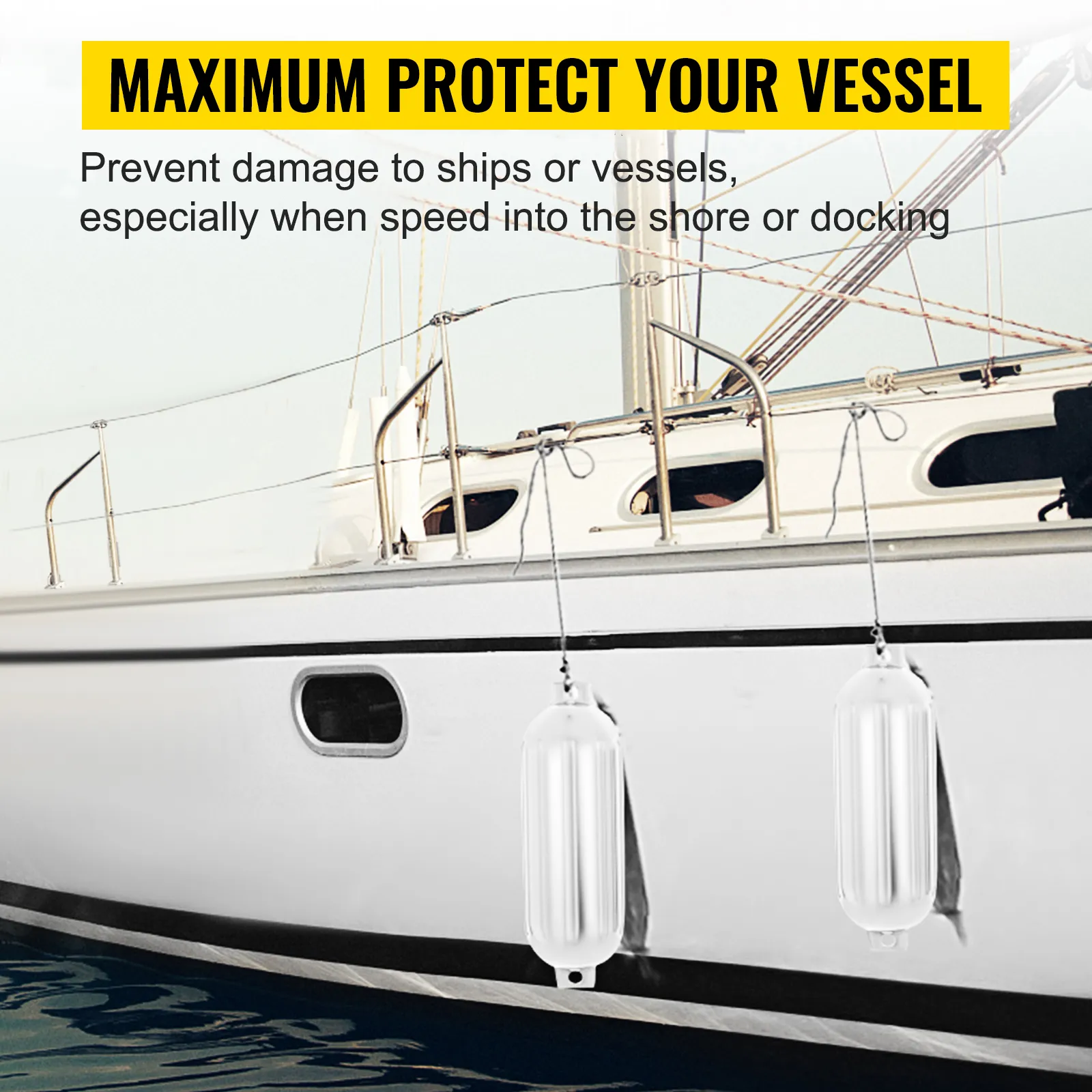 VEVOR boat fenders protecting a white vessel from docking damage, hanging over side.