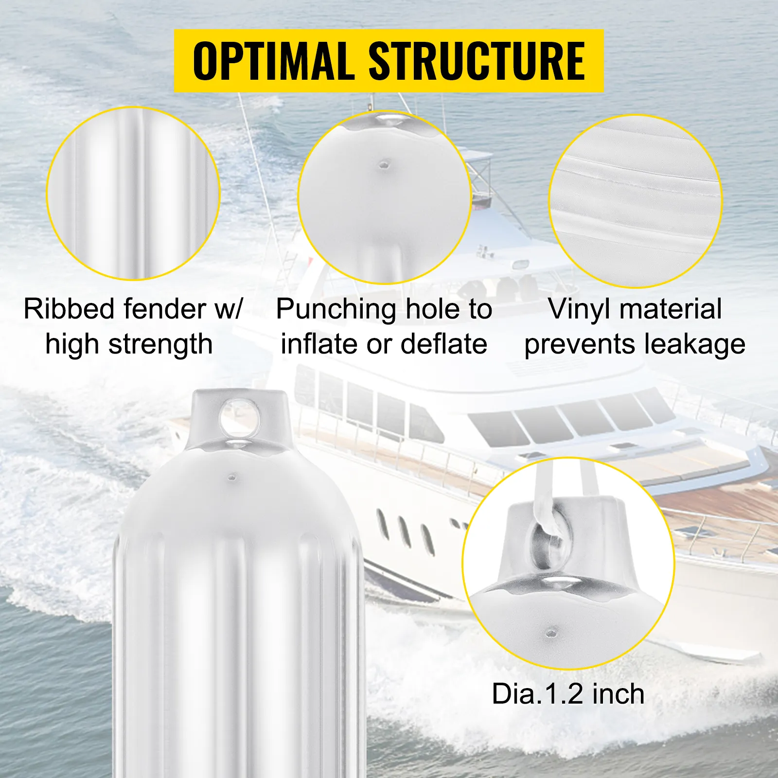 VEVOR boat fenders showcasing ribbed design, punching hole, and durable vinyl material.