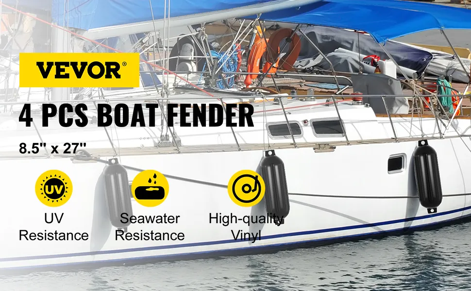 Defensas de barco VEVOR en el lateral de un velero blanco con características de resaltado de texto.