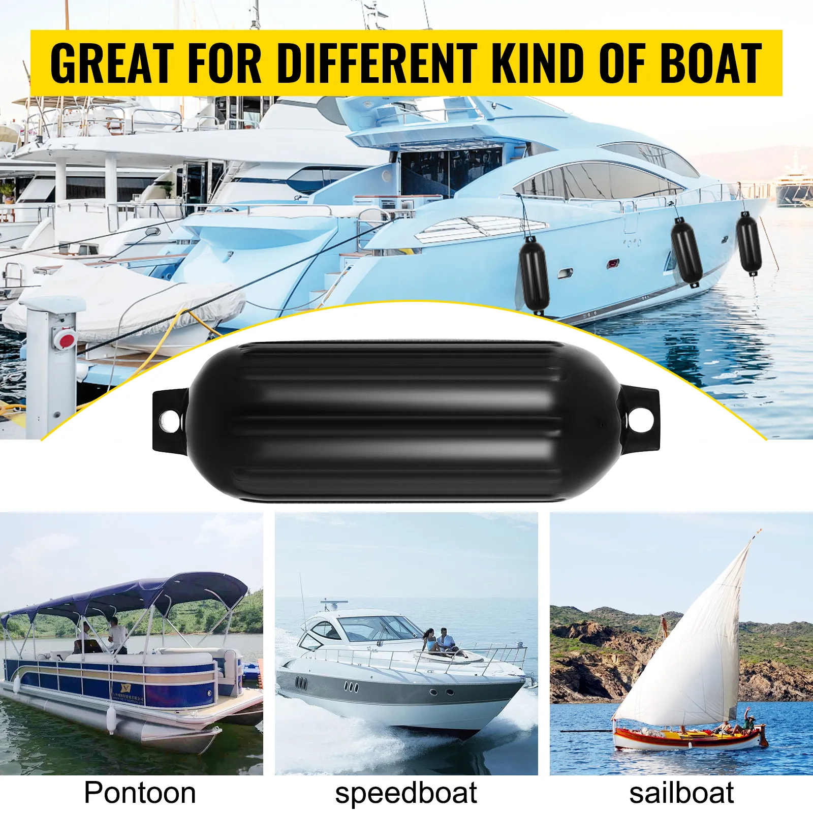 Defensas para barcos VEVOR que protegen yates, pontones, lanchas rápidas y veleros en un puerto deportivo.