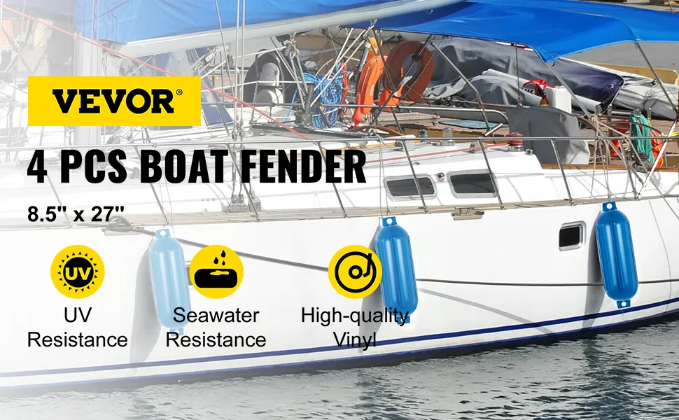 VEVOR boat fenders on a white sailboat for uv and seawater resistance.