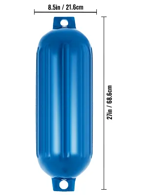 blue VEVOR boat fender, 27in high, 8.5in wide, with ribbed surface and mounting holes.