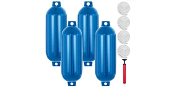 four blue VEVOR boat fenders, pump, and four inflator needles.
