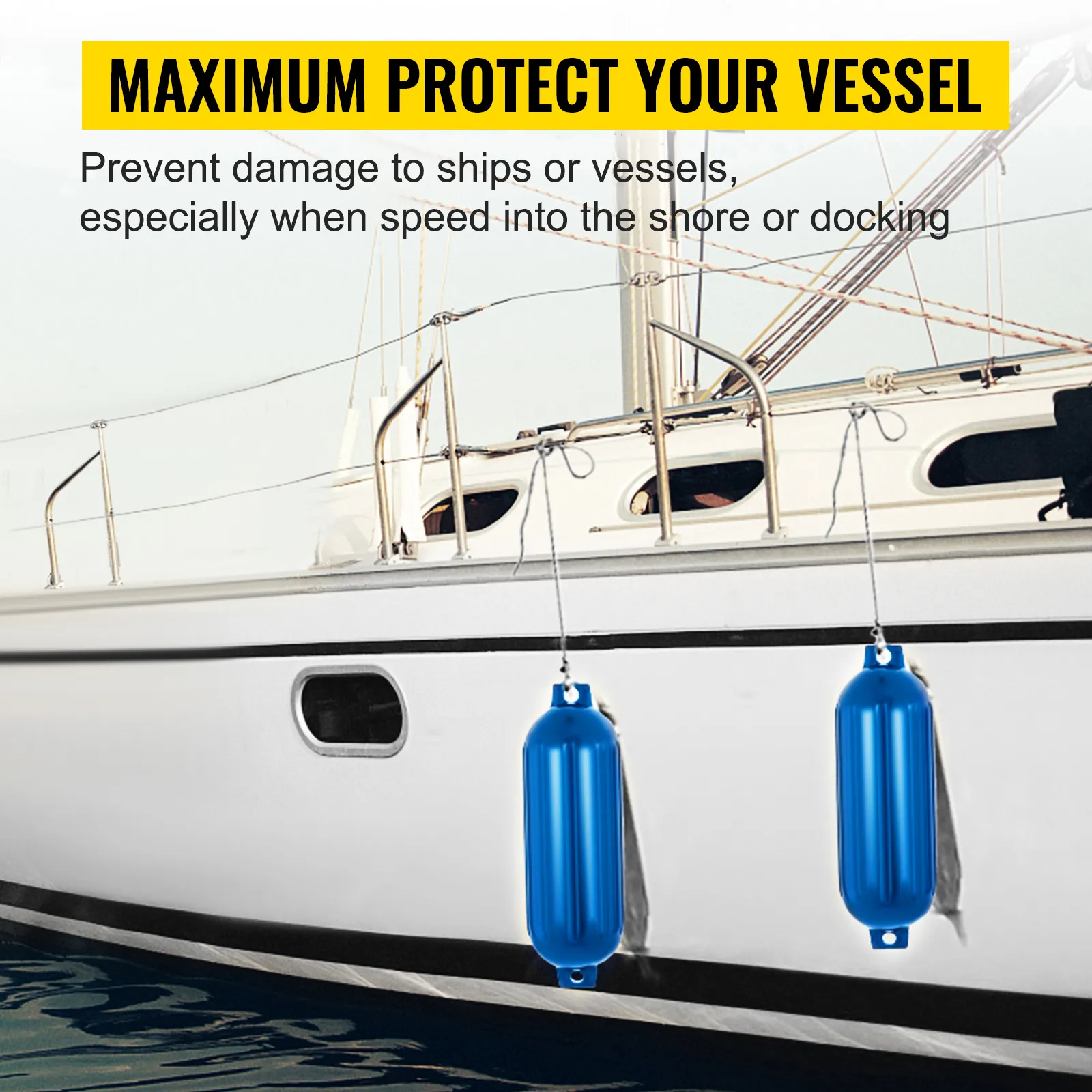 VEVOR boat fenders protecting white yacht at dock with blue fenders hanging alongside.