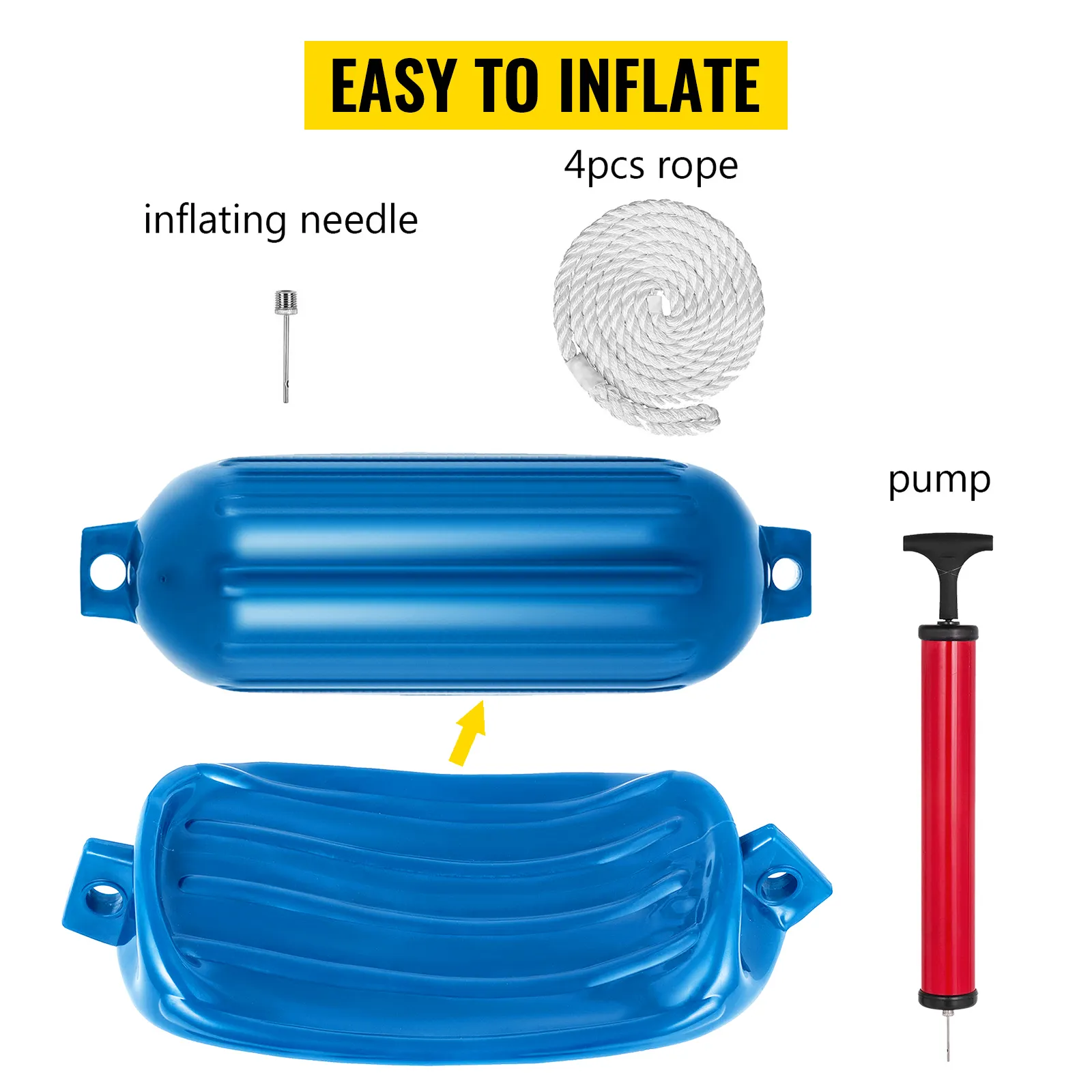 VEVOR boat fenders, rope, pump, and needle labeled "easy to inflate".