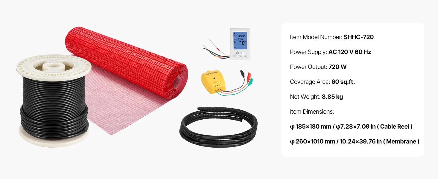 Sistema de calefacción por suelo radiante VEVOR de 5.5 m² (15.2 m²), 120 V,  membrana de desacoplamiento, termostato inteligente y alarma, fácil ..., image size:1464x600