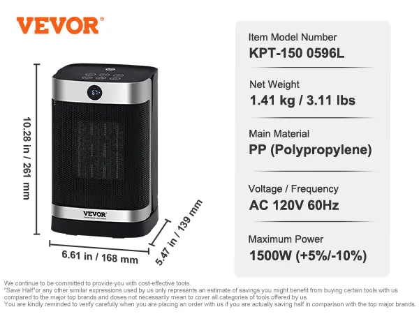 VEVOR electric space heater, model kpt-150 0596l, 1500w, 1.41 kg, polypropylene, ac 120v 60hz.