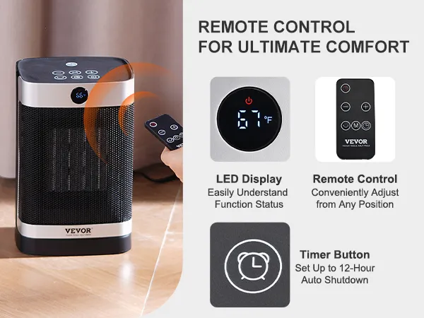 VEVOR electric space heater with remote control, led display, and timer button for up to 12-hour auto shutdown.