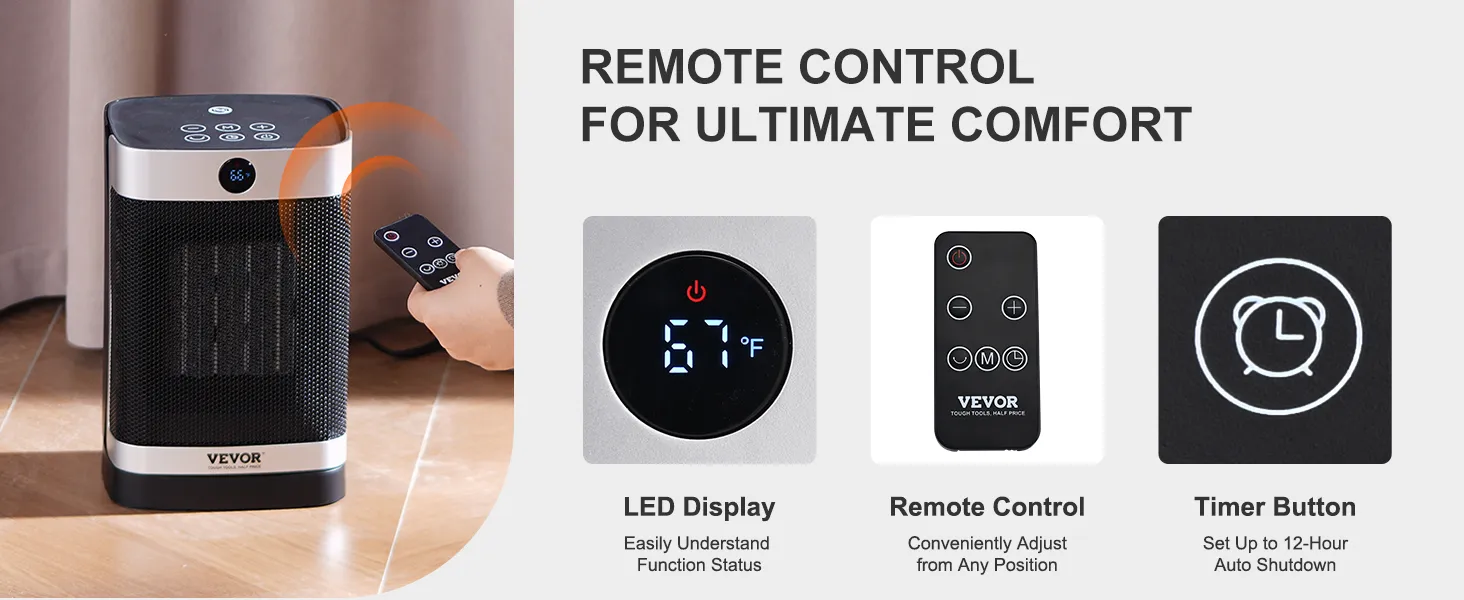 VEVOR electric space heater with remote control, led display, and timer button for up to 12-hour auto shutdown.
