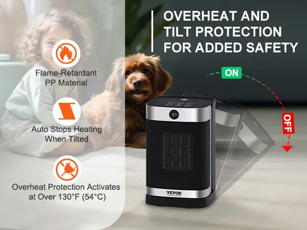 VEVOR electric space heater with overheat and tilt protection for added safety in a home environment.