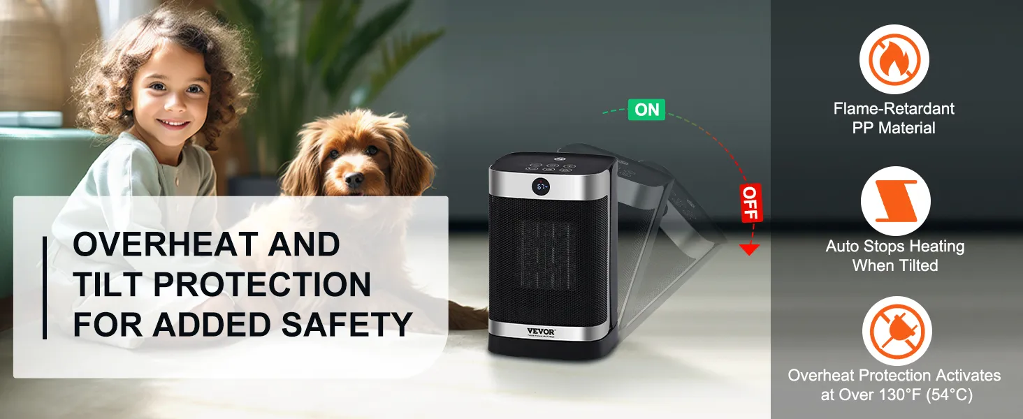 VEVOR electric space heater with overheat and tilt protection for added safety in a home environment.