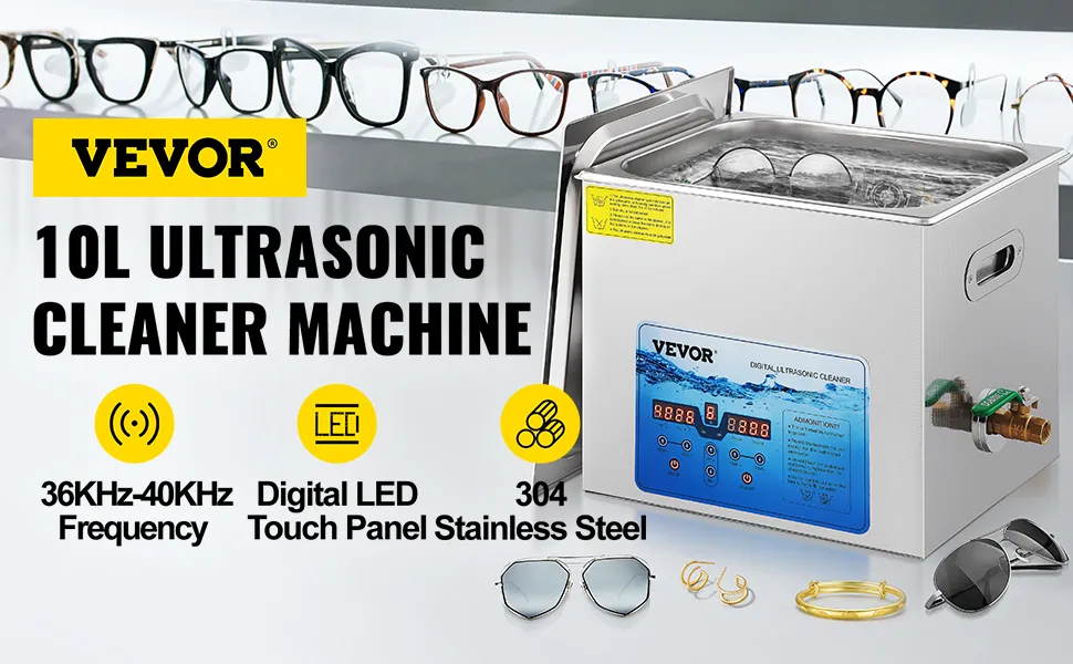 Limpiador ultrasónico VEVOR, tanque de acero inoxidable de 10l, pantalla led, gafas, joyas e íconos de frecuencia.