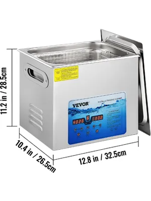 Limpiador ultrasónico VEVOR con controles digitales y dimensiones marcadas: 12,8 pulg. x 10,4 pulg. x 11,2 pulg.