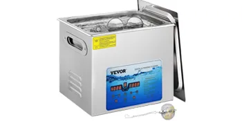 Limpiador ultrasónico VEVOR con diseño de acero inoxidable, panel de control digital y tapa.