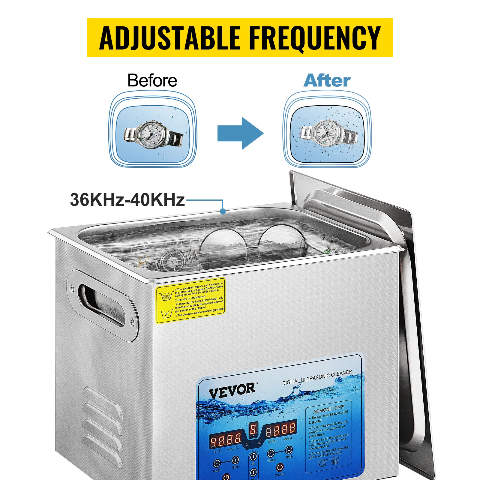 Limpiador ultrasónico VEVOR con frecuencia ajustable 36khz-40khz, que muestra resultados antes y después de la limpieza.