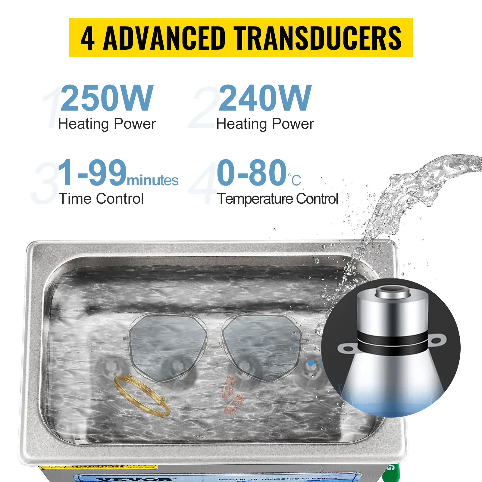 Limpiador ultrasónico VEVOR con potencia de calentamiento de 250w y 240w, temporizador de 31-99 minutos, rango de control de 0-80°c.