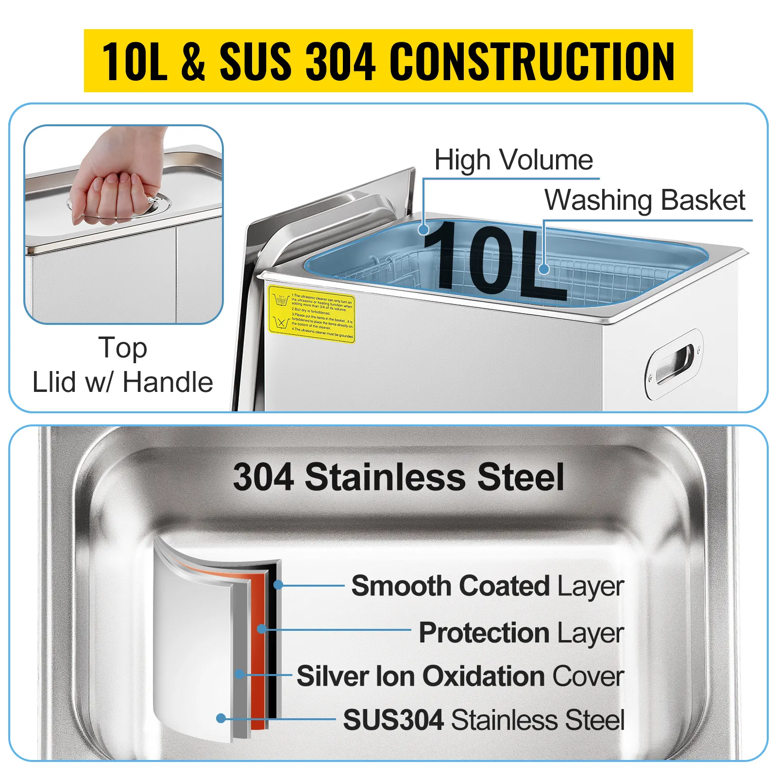 Limpiador ultrasónico VEVOR, capacidad de 10 l, acero inoxidable sus304, cesto de lavado de gran volumen, asa en la tapa superior.