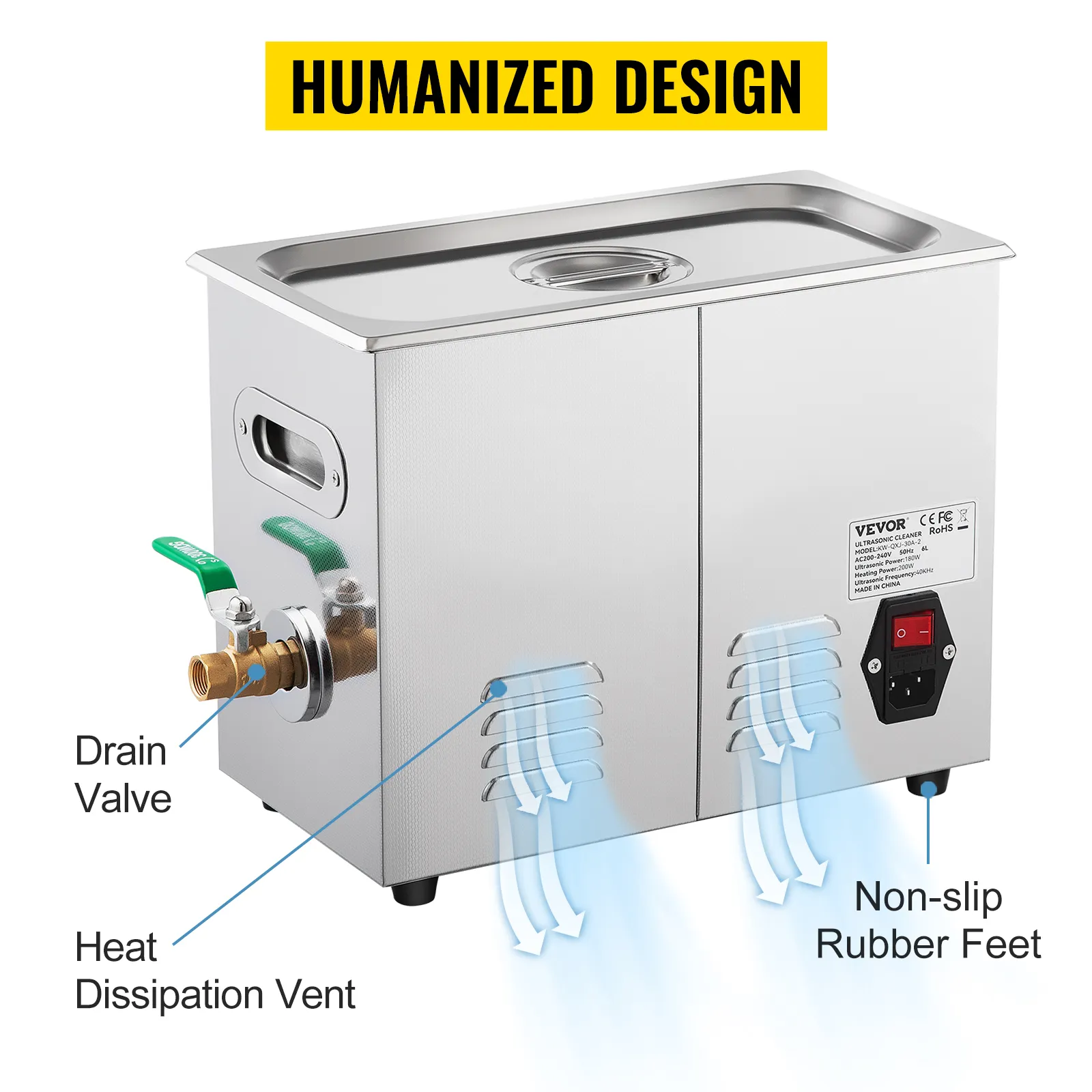 Limpiador ultrasónico VEVOR con válvula de drenaje, ventilación de disipación de calor y patas de goma antideslizantes.