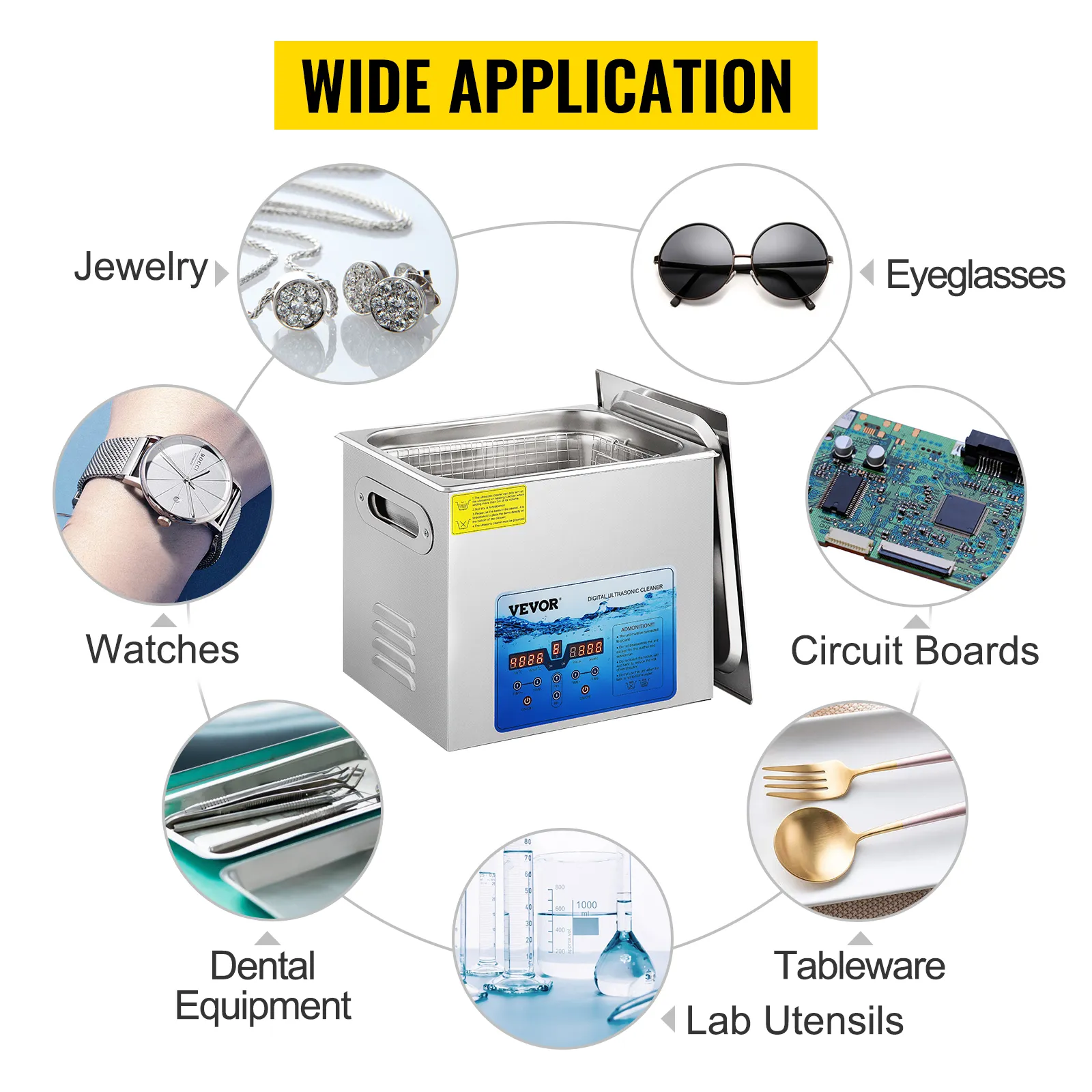 Limpiador ultrasónico VEVOR: ideal para limpiar joyas, gafas, relojes, placas de circuitos, vajilla y utensilios de laboratorio.
