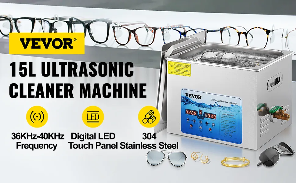 VEVOR ultrasonic cleaner machine with led touch panel, 36khz-40khz frequency, and stainless steel tank.