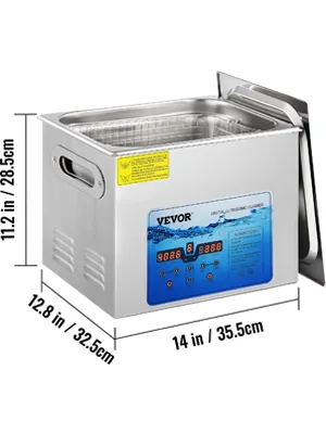 VEVOR ultrasonic cleaner with digital display, stainless steel body, and lid open, dimensions included.