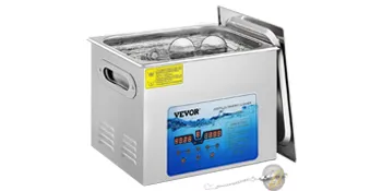 VEVOR ultrasonic cleaner with stainless steel body, digital control panel, and transparent lid.