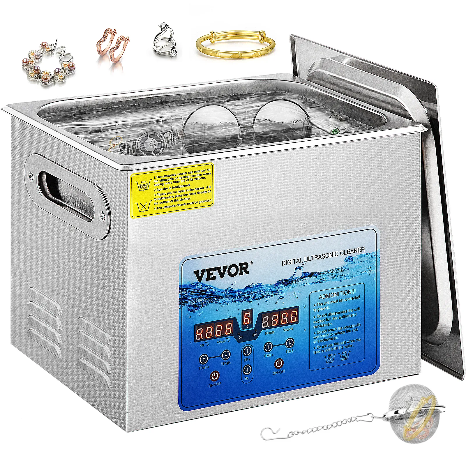 VEVOR ultrasonic cleaner with control panel, jewelry, and watch inside stainless steel tank.