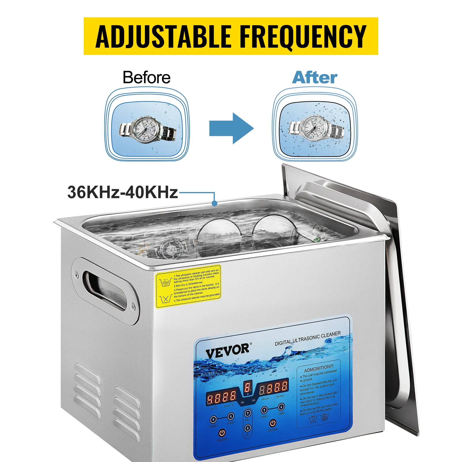 VEVOR ultrasonic cleaner with adjustable frequency from 36khz to 40khz, showing before and after watch cleaning.