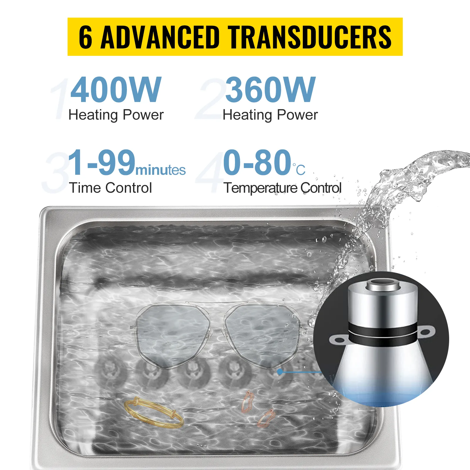 VEVOR ultrasonic cleaner with 6 transducers, 400w heating, 99min control, 80°c max temperature.