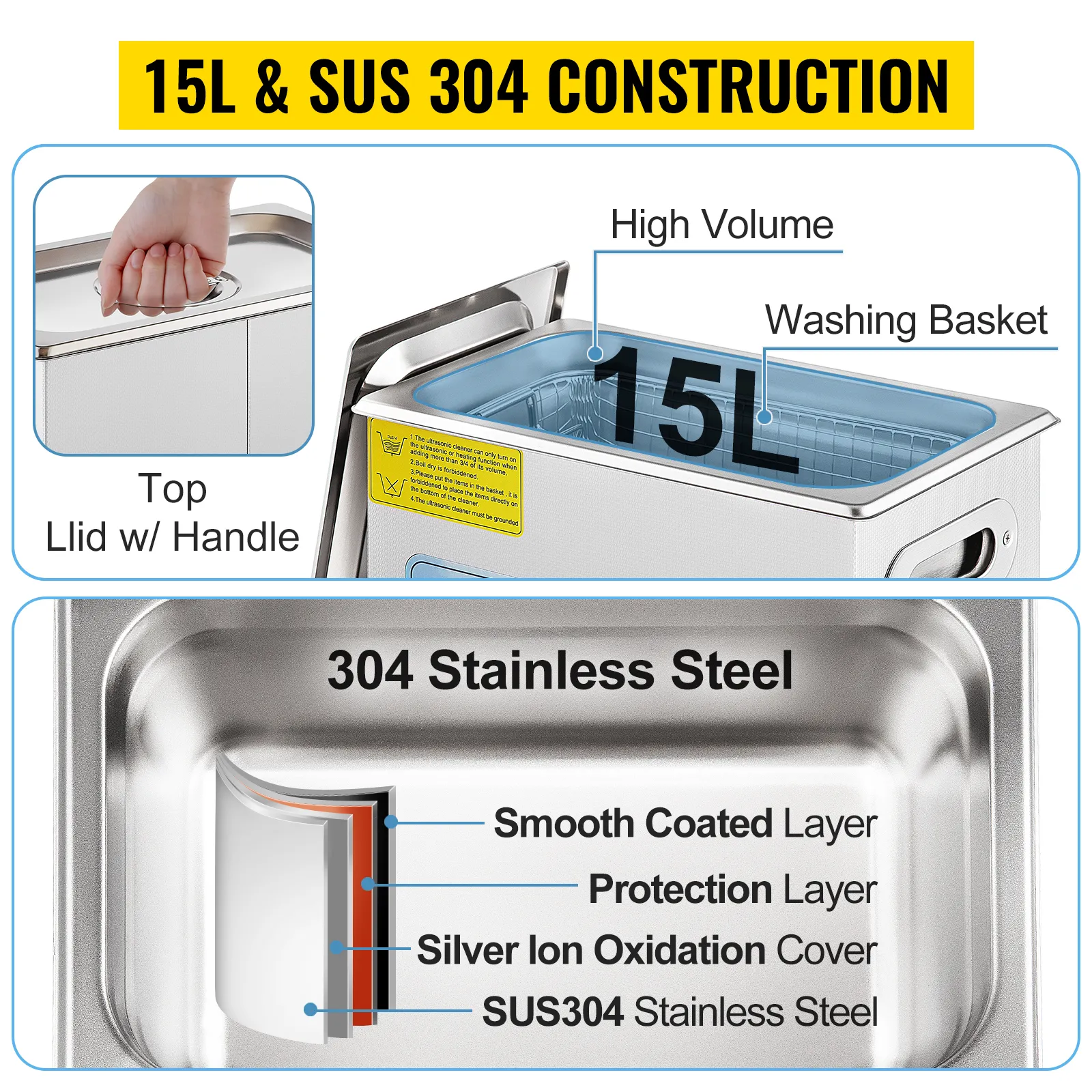 VEVOR ultrasonic cleaner features a 15l capacity, top lid with handle, and sus 304 stainless steel construction.