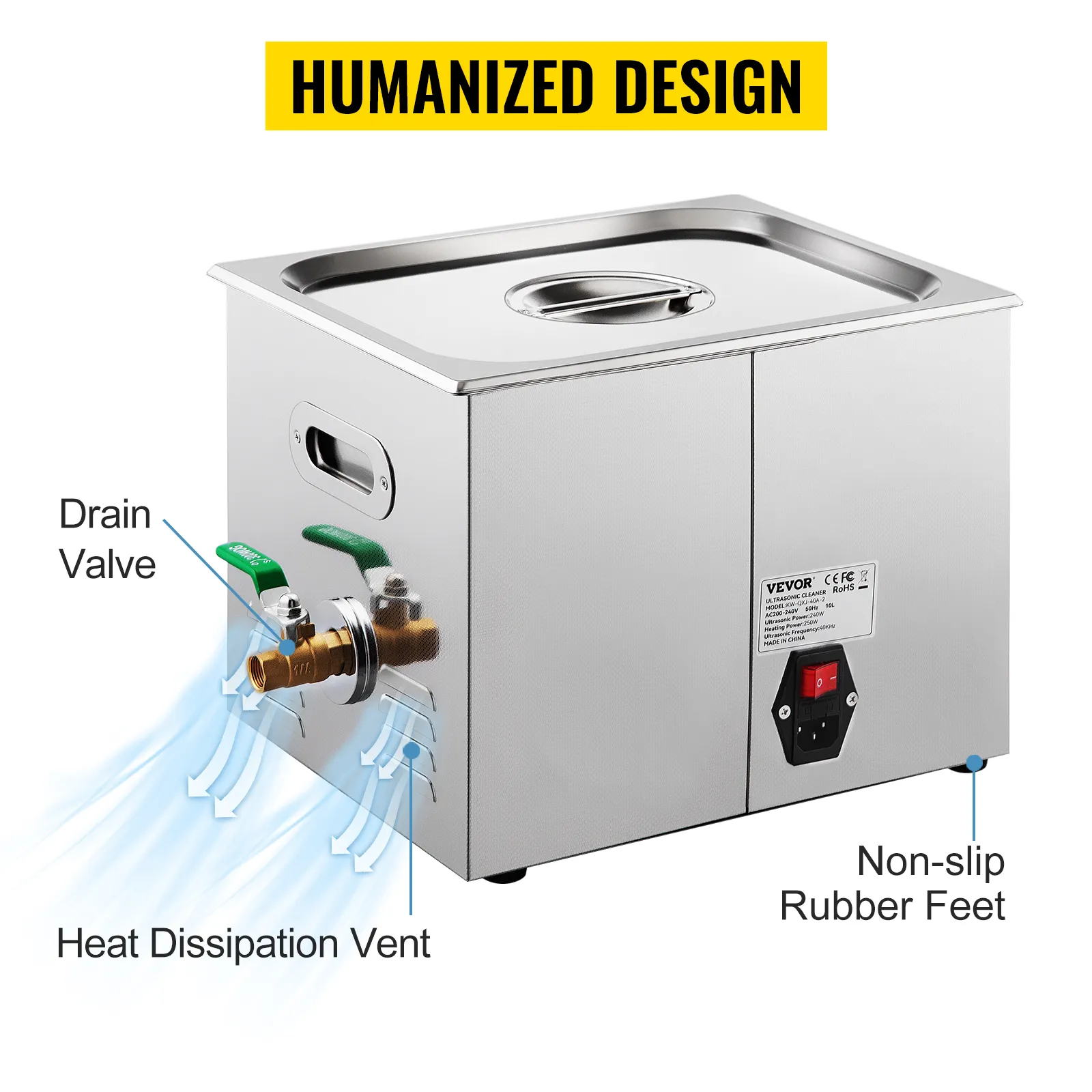 VEVOR ultrasonic cleaner with drain valve, heat dissipation vent, non-slip rubber feet, and lid.