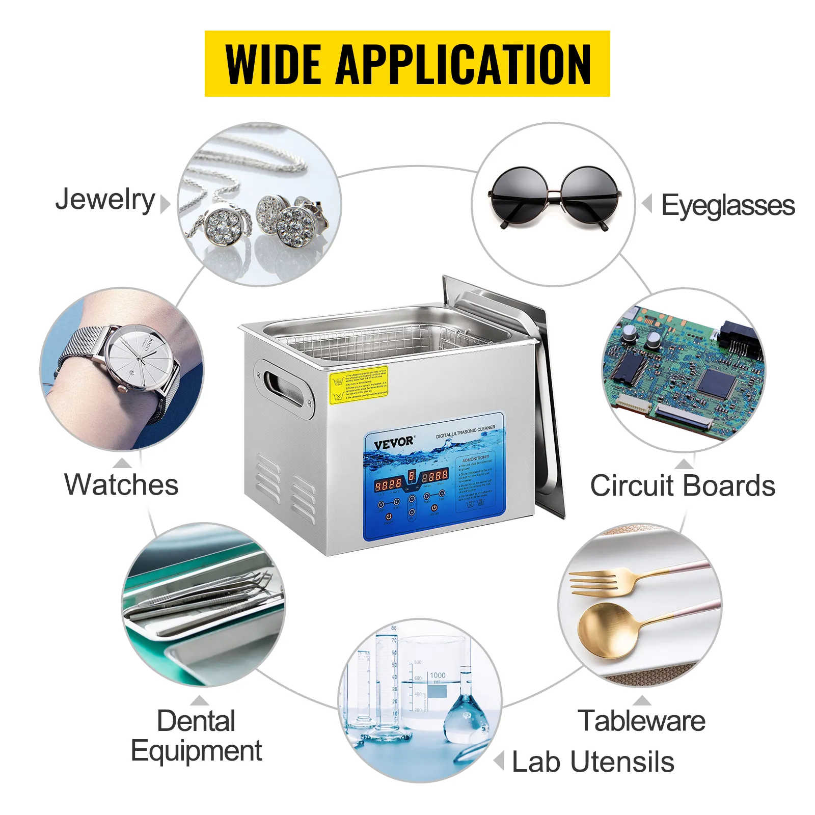 VEVOR ultrasonic cleaner for jewelry, eyeglasses, circuit boards, watches, dental equipment, tableware, lab utensils.