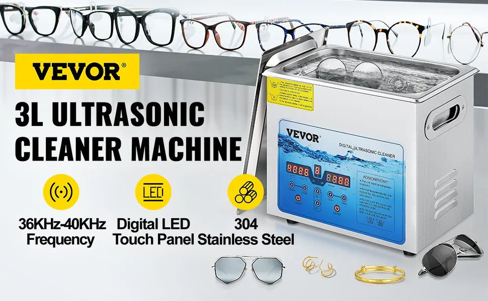 VEVOR ultrasonic cleaner 3l with digital led panel, showcasing eyeglasses and jewelry cleaning options.
